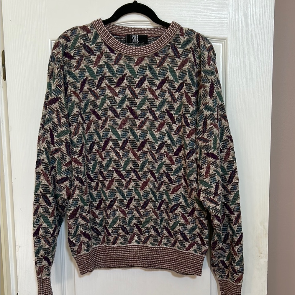 TSR USA Vintage 80s 90’s Crewneck multi color grandpa dad textured sweater Large